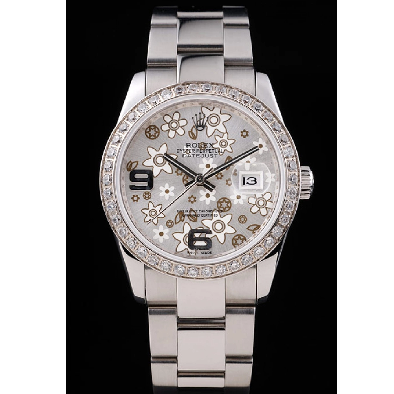 MiroTime 0806 Rolex Datejust Stainless Steel Silver Flowers Dial Diamond Plated rl305
